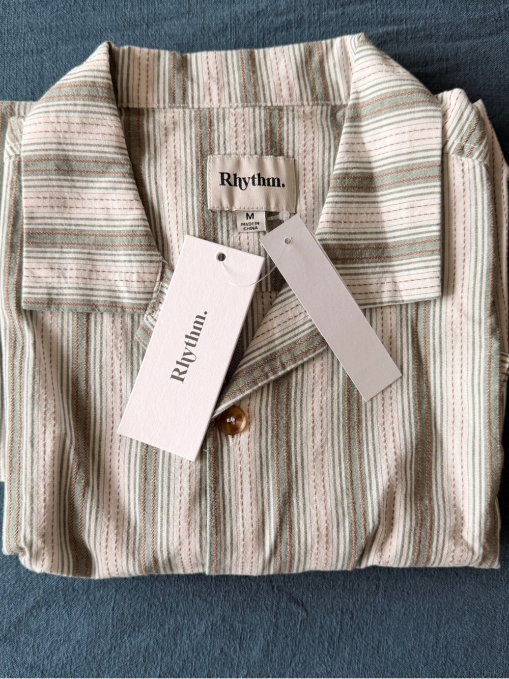 Rhythm. Striped Camp Collar Shirt in Cream, Sage and Blush